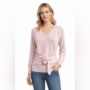 Ann Wi Pink V Neck Belted Knit Sweater Tie Waist Soft Girl Women’s Small